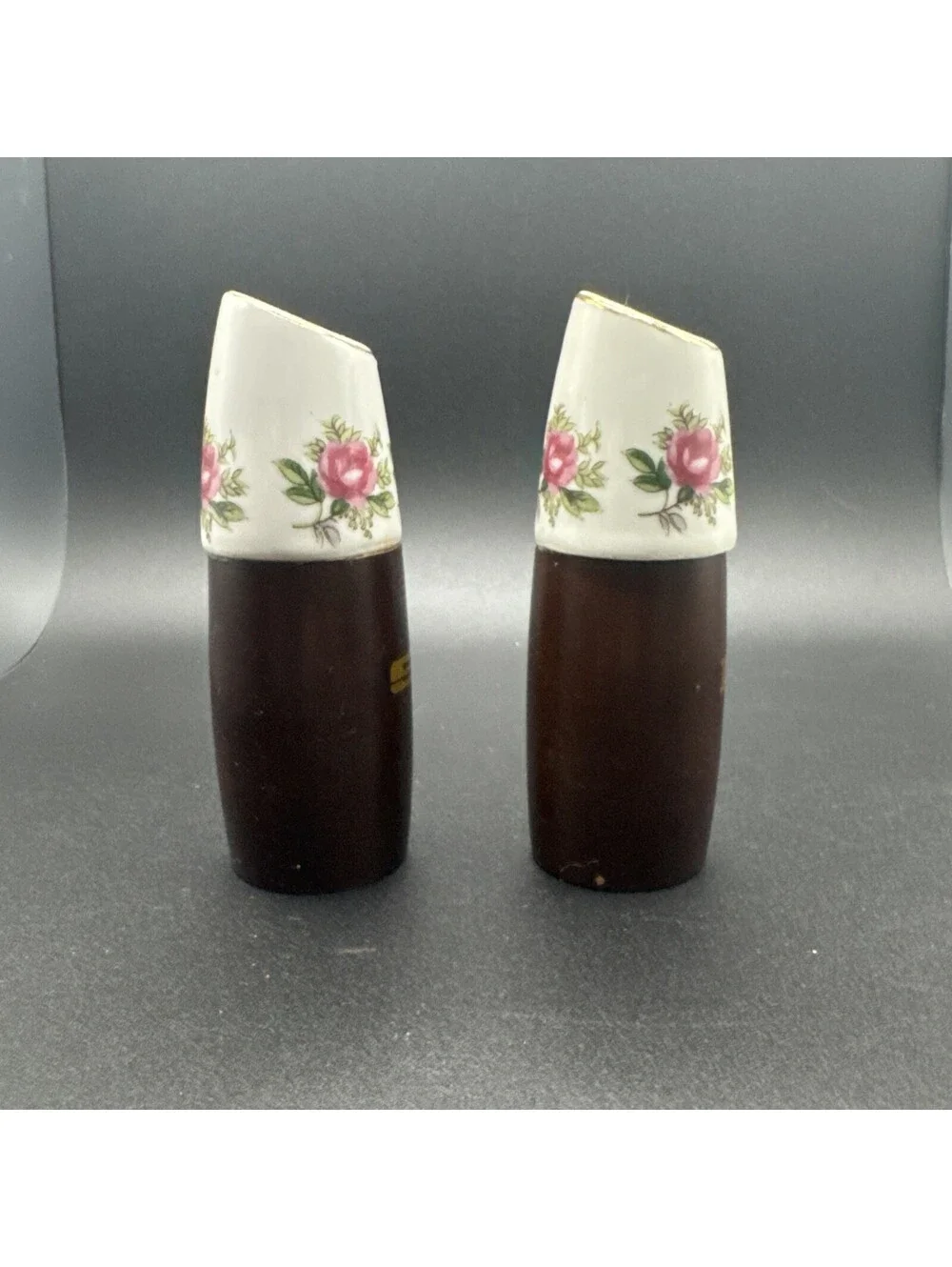 Vtg Nevco Teak Wood Floral Porcelain Salt & Pepper Shakers Mid Century Boho 4